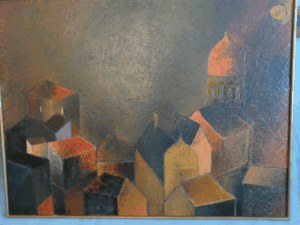 Abstract landscape with domed building and sun in upper right corner image