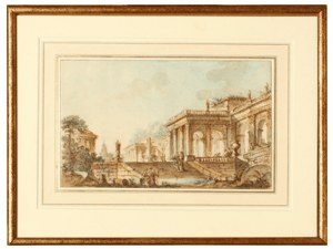 Figures Among Classical Building in a Garden image