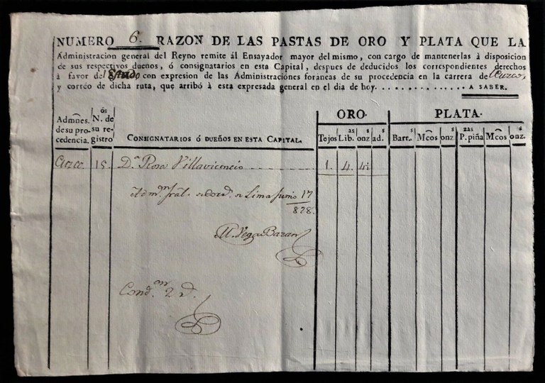 Gold referral record to the Assayer Mayor of Lima, year 1828