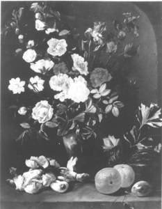 Vase of Flowers in a Niche with Fruit and Mushrooms image